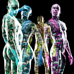 Shooting artistique avec David Dickens, où des images et silhouettes se superposent, créant une œuvre vibrante et unique, intitulée "X-Color".